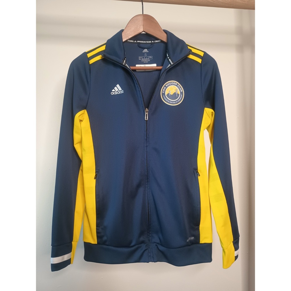 Adidas Womens S Track Jacket Blue Yellow Aeroready CDO Soccer Club Zip Up
